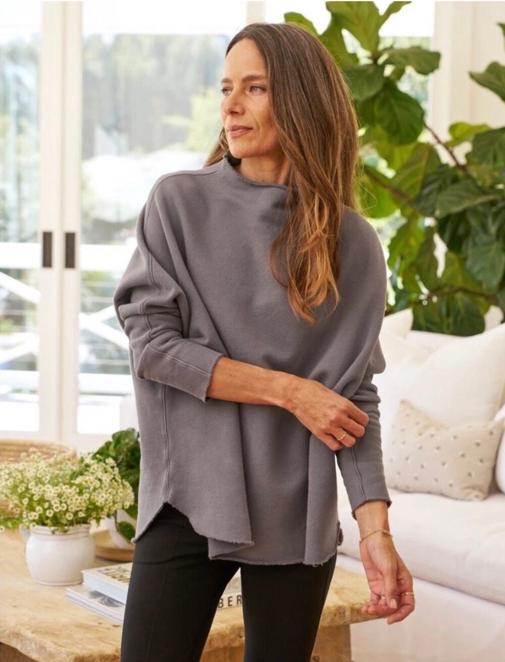 NEW Frank & Eileen EFFIE Long-Sleeve Funnel Neck Capelet Elephant Gray Sz L